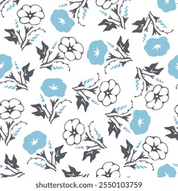 Natur Blau und Weiß Blumen Morgen Glory Design. Dieses nahtlose Design eignet sich ideal für den Einsatz in digitalen Medien und Printmedien, einschließlich Textilien, Tapeten und Schreibwaren.