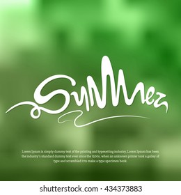 Nature blur background with summer text. Summer sun day with greenery in vector. Green blur background with abstract white text 