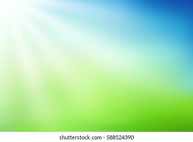 Nature blurred background. Abstract  Green gradient backdrop with sun rays. Ecology concept for your graphic design, banner or poster. Vector illustration
