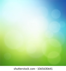 Nature blurred background with bokeh effect. Abstract green gradient backdrop with sunlight. Ecology concept for your graphic design, banner or poster. Vector illustration.