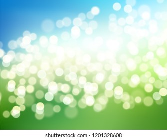 Nature blurred background with bokeh effect. Abstract green blue gradient backdrop with sunlight. Ecology concept for your graphic design, banner or poster. Vector illustration.