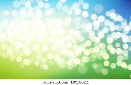 Nature blurred background with bokeh effect. Abstract green blue gradient backdrop with sunlight. Ecology concept for your graphic design, banner or poster. Vector illustration.