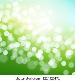 Nature blurred background with bokeh effect. Abstract green blue gradient backdrop with sunlight. Ecology concept for your graphic design, banner or poster. Vector illustration