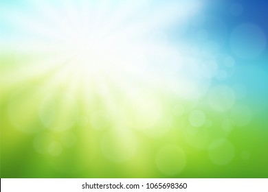 Nature blurred background with sunlight rays. Abstract green gradient backdrop with bokeh effect. Ecology concept for your graphic design, banner or poster. Vector illustration.