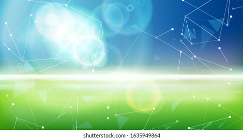 Nature blurred background with sunlight rays. Abstract polygonal space. Background with connecting dots and lines. Ecology concept for your design