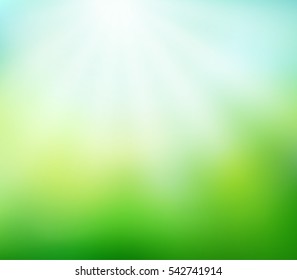 Nature blurred gradient background with sunlight. Abstract green backdrop. Vector illustration. Ecology concept for your graphic design, banner or poster