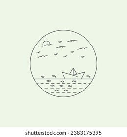 nature boat ocean waves fish icon minimalist illustration line art monoline design