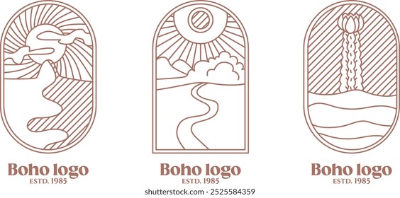 Logotipo do boho da natureza. Montanha noturna com caminho, cacto na areia, ícone estético da paisagem do pôr do sol. Ilustração de vetor de estoque isolada no plano de fundo branco no estilo de linha.