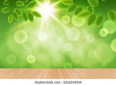 nature bokeh with sun light on  old wood table abstract background. For product presentation 