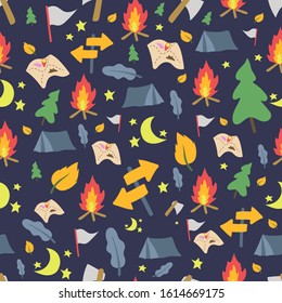nature, bonfire, camp fire, tent, wood, adventure seamless pattern. vector illustration