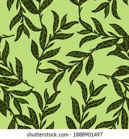 Nature botanic seamless pattern with dark green leaved branch  silhouettes on light background. Decorative backdrop for fabric design, textile print, wrapping, cover. Vector illustration.