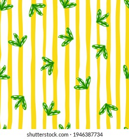 Nature botanic seamless pattern with green random leaves elements. Yellow and white striped background. Perfect for fabric design, textile print, wrapping, cover. Vector illustration.
