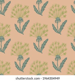 Patrón botánico natural sin fisuras con dientes verdes y adornos de hojas azules. Fondo rosa pálido. Ideal para el diseño de tela, impresión textil, envoltura, cubierta. Ilustración vectorial.