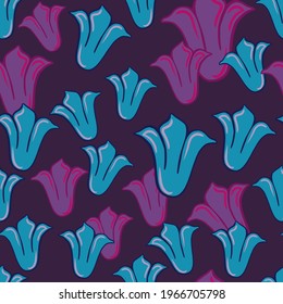 Nature botanic seamless pattern with purple and blue random tulip buds shapes. Dark background. Flat vector print for textile, fabric, giftwrap, wallpapers. Endless illustration.