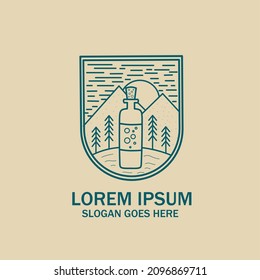 Nature bottle vintage logo illustration design, nature drink bottle. mountains and pine trees.