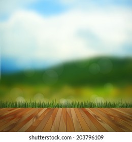 Nature bright blurred background, bokeh and wooden floor. Vector illustration.