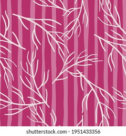 Nature bright seamless pattern with white random branches shapes print. Pink striped background. Doodle backdrop. Perfect for fabric design, textile print, wrapping, cover. Vector illustration.