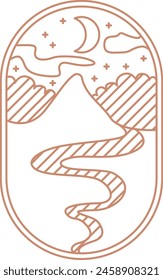 Natur brauner Umriss Boho Logo. Nachtberg, Fluss, Mond, landschaftsästhetische Ikone. Stock Vektorillustration isoliert auf weißem Hintergrund im Linienstil.