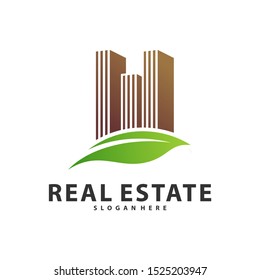 Nature Building Idea logo template, Modern City with Leaf logo designs concept, Real Estate logo Vector Illustration