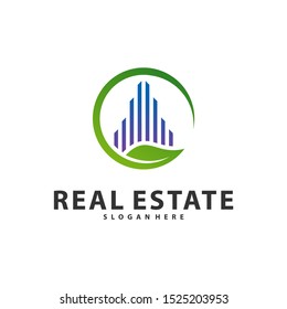 Nature Building Idea logo template, Modern City with Leaf logo designs concept, Real Estate logo Vector Illustration