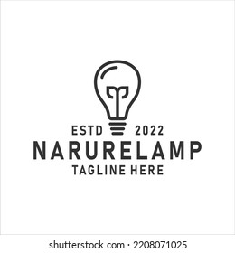 Nature Bulb logo design vintage with line art style. Bulb with Leaf logo design concept.