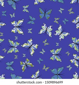 Nature butterfly repeat theme in white, violet and blue colors. Wildlife insect fauna backdrop for cover. Vector sketch. Beautiful seamless butterfly iterative texture isolated on contrast back layer.