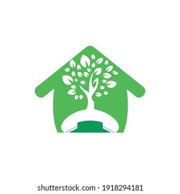 Diseño del logotipo vectorial de la llamada natural. Árbol de auriculares con plantilla de diseño de iconos domésticos.	

