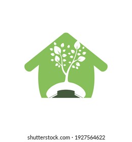 Diseño del logotipo vectorial de la llamada natural. Árbol de auriculares con plantilla de diseño de iconos domésticos.