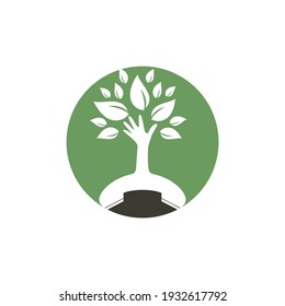 Nature call vector logo design. Handset and hand tree icon design template.