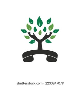 Nature call vector logo design. Handset and hand tree icon design template.