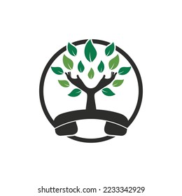 Nature call vector logo design. Handset and hand tree icon design template.