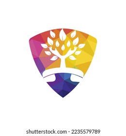 Nature call vector logo design. Handset and hand tree icon design template.