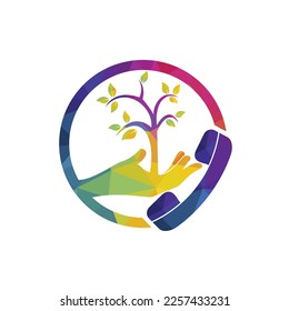 Nature call vector logo design. Handset and hand tree icon design template.