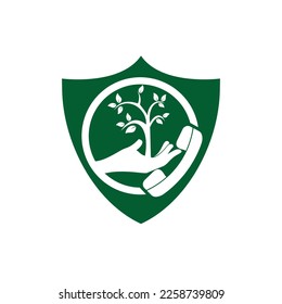 Nature call vector logo design. Handset and hand tree icon design template.