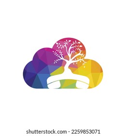 Die Natur nennt sich Vektorlogo-Design. Handset-Baum mit Cloud-Symbol-Design-Vorlage.	