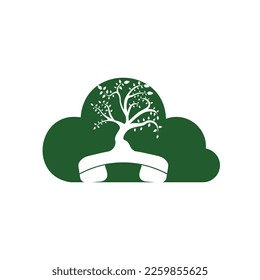 Nature call vector logo design. Handset tree with cloud icon design template.	