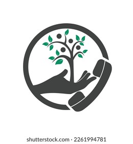 Nature call vector logo design. Handset and hand tree icon design template.