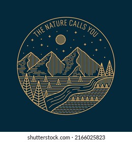 Nature calls you, nature wildlife in mono line art, design for badge patch pin graphic illustration vector art t-shirt design
