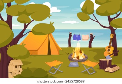 Nature camp landscape with tents, campfire, backpack. Vector cartoon landscape with mountain, forest and campsite. Equipment for travel