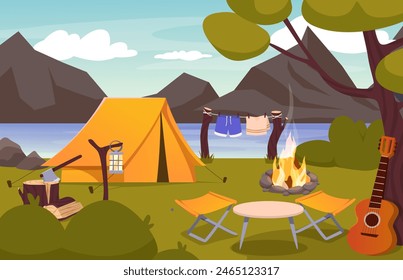 Nature camp landscape with tents, campfire, backpack. Vector cartoon landscape with mountain, forest and campsite. Equipment for travel