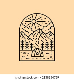 Nature camp mountain wildlife in mono line art, for t-shirt, sticker, badge, etc