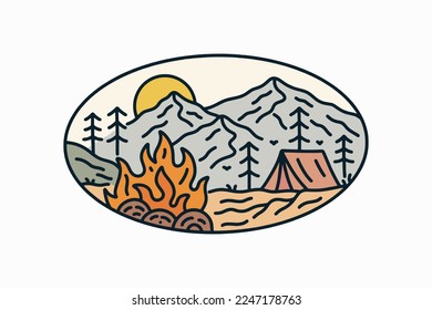 Nature camping bonfire mono line design for badge, sticker, patch, t shirt design, etc