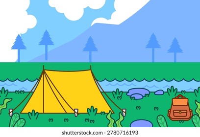 Nature camping illustration featuring a yellow tent beside a river with mountains, trees, and travel gear. Ideal for outdoor adventure posters, travel blogs, camping banners