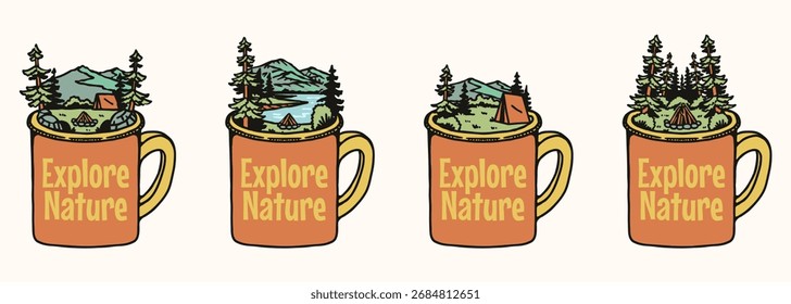 Nature and Camping Illustrations Inside Coffee Mugs