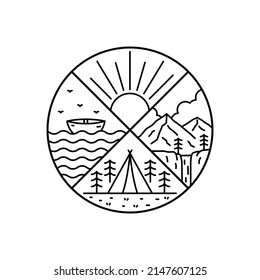 Nature camping lake and mountain in mono line art, patch badge design, emblem design, T-Shirt Design