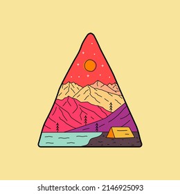 Nature camping lake and mountains for patch badge design, emblem design, T-Shirt Design