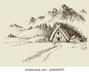 Nature camping, mountain hut, hand drawn natural landscape 