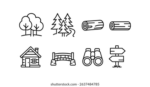 Nature, camping outline icon set. adventure, hiking symbols, outdoor exploration icons