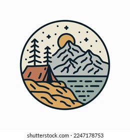 Nature camping under starry night in mono line art design for badge, sticker, patch, t shirt design, etc