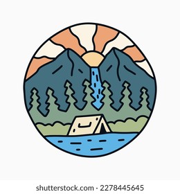 Nature camping under the waterfall mountains design for badge, sticker, t shirt vector design